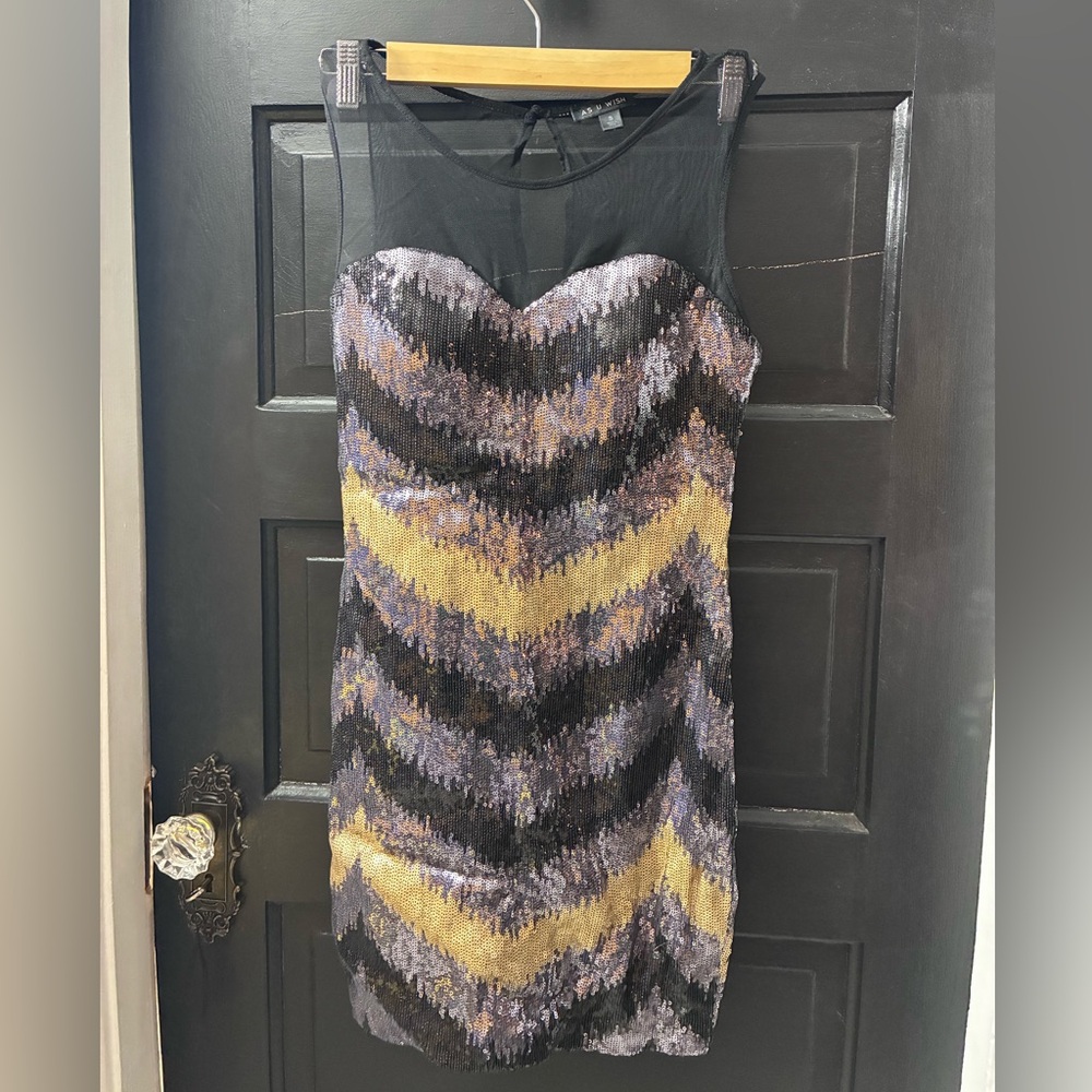 As U Wish Black and Gold Sequin Mini Dress